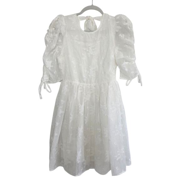 Lush White Floral Embroidery Puffy Sleeve Open Back Fit & Flare Mini Dress Small - Picture 3 of 11